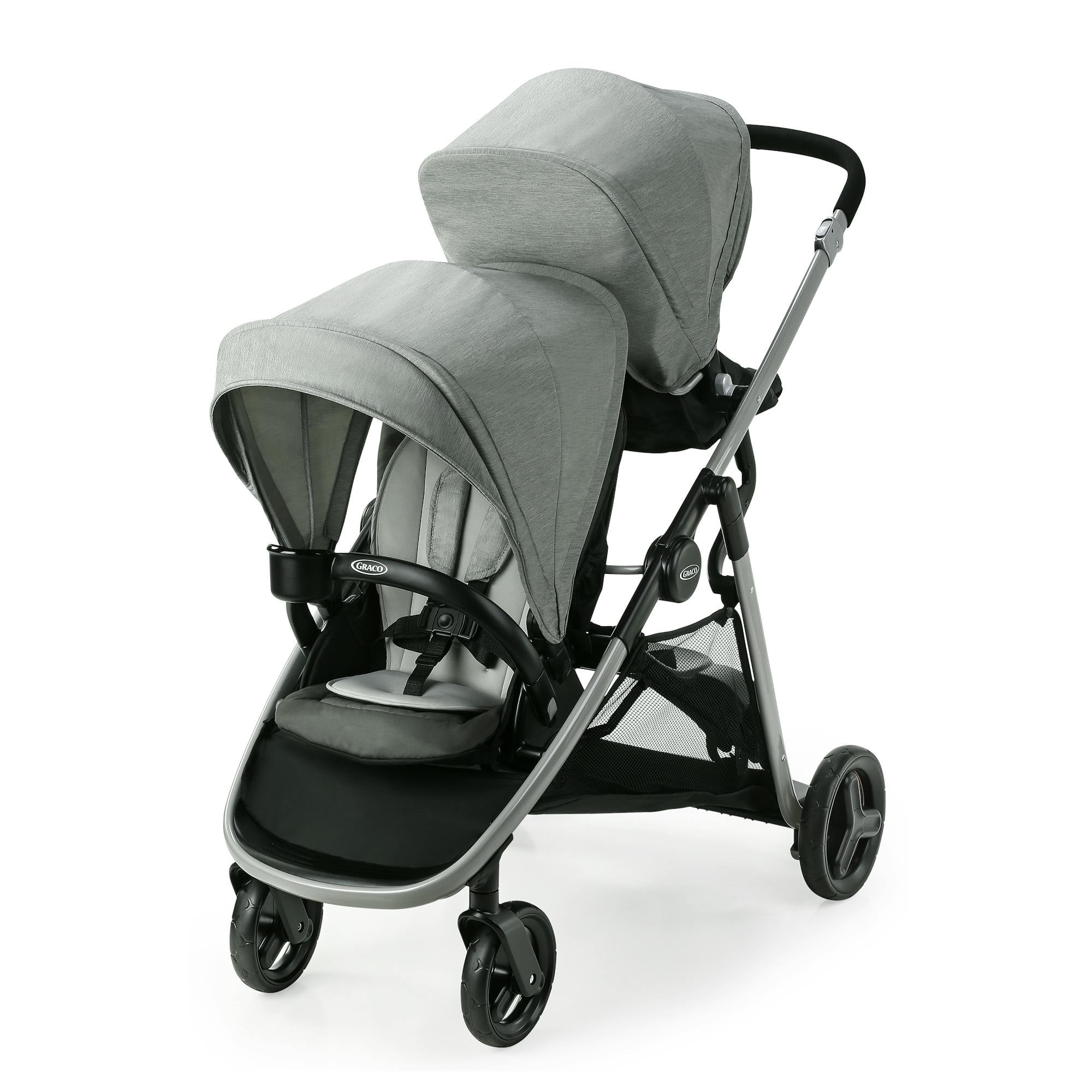 Gray Double Stand-On Plastic Stroller with Bench Seat