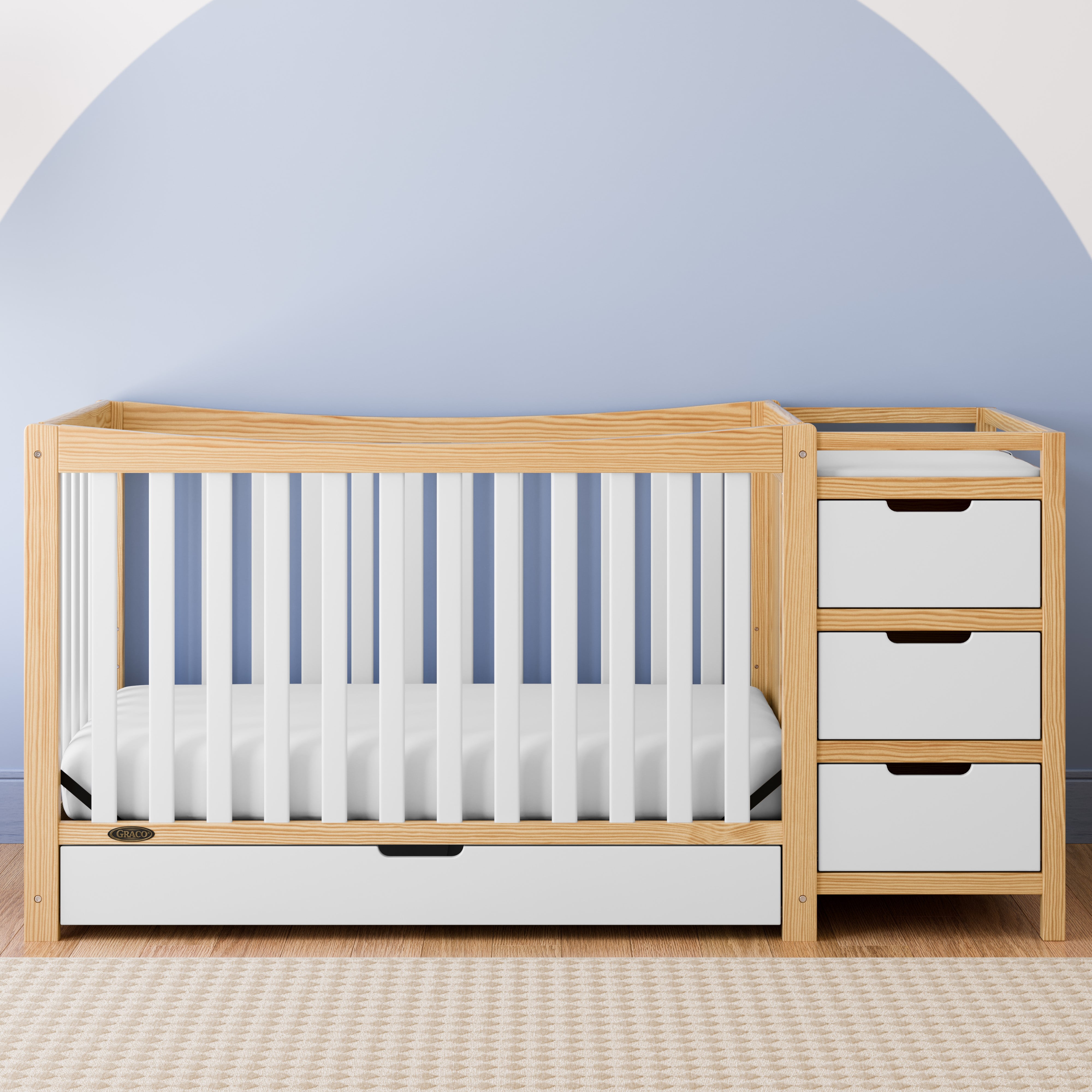 Graco Remi 4-in-1 Convertible Baby Crib and Changer, Natural with White