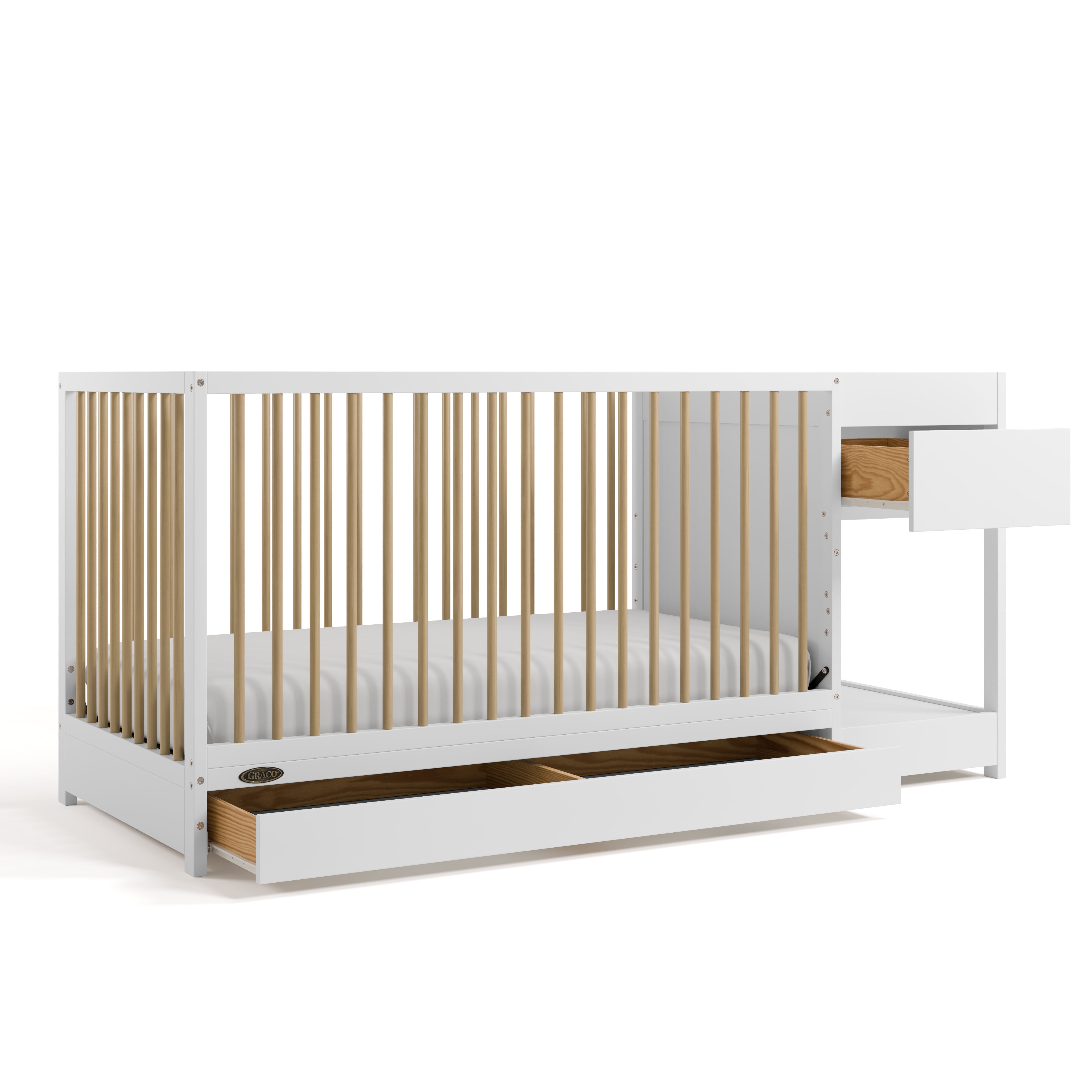 Graco Teddi 5-in-1 Convertible Baby Crib and Changer with Drawer, White with Driftwood