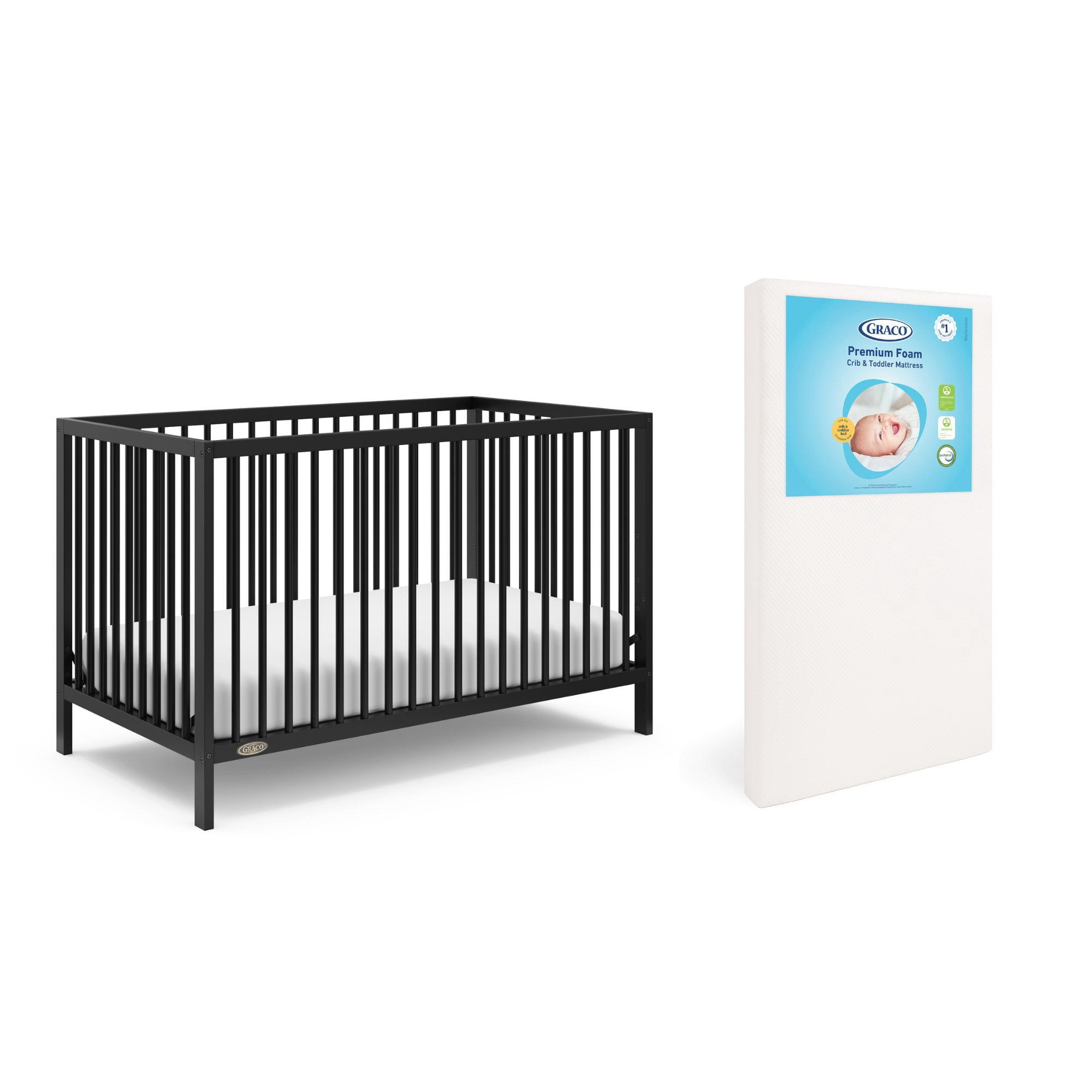 Graco Teddi 5-in-1 Convertible Crib and Premium Crib & Toddler Mattress Bundle, Black