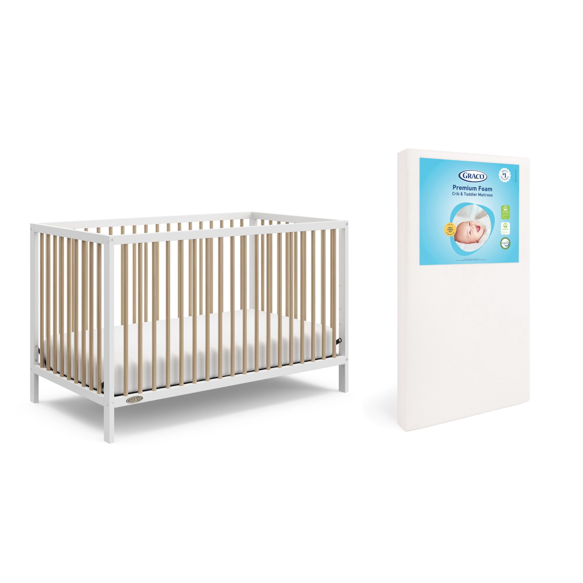 Graco Teddi 5-in-1 Convertible Crib and Premium Crib & Toddler Mattress Bundle, White with Driftwood