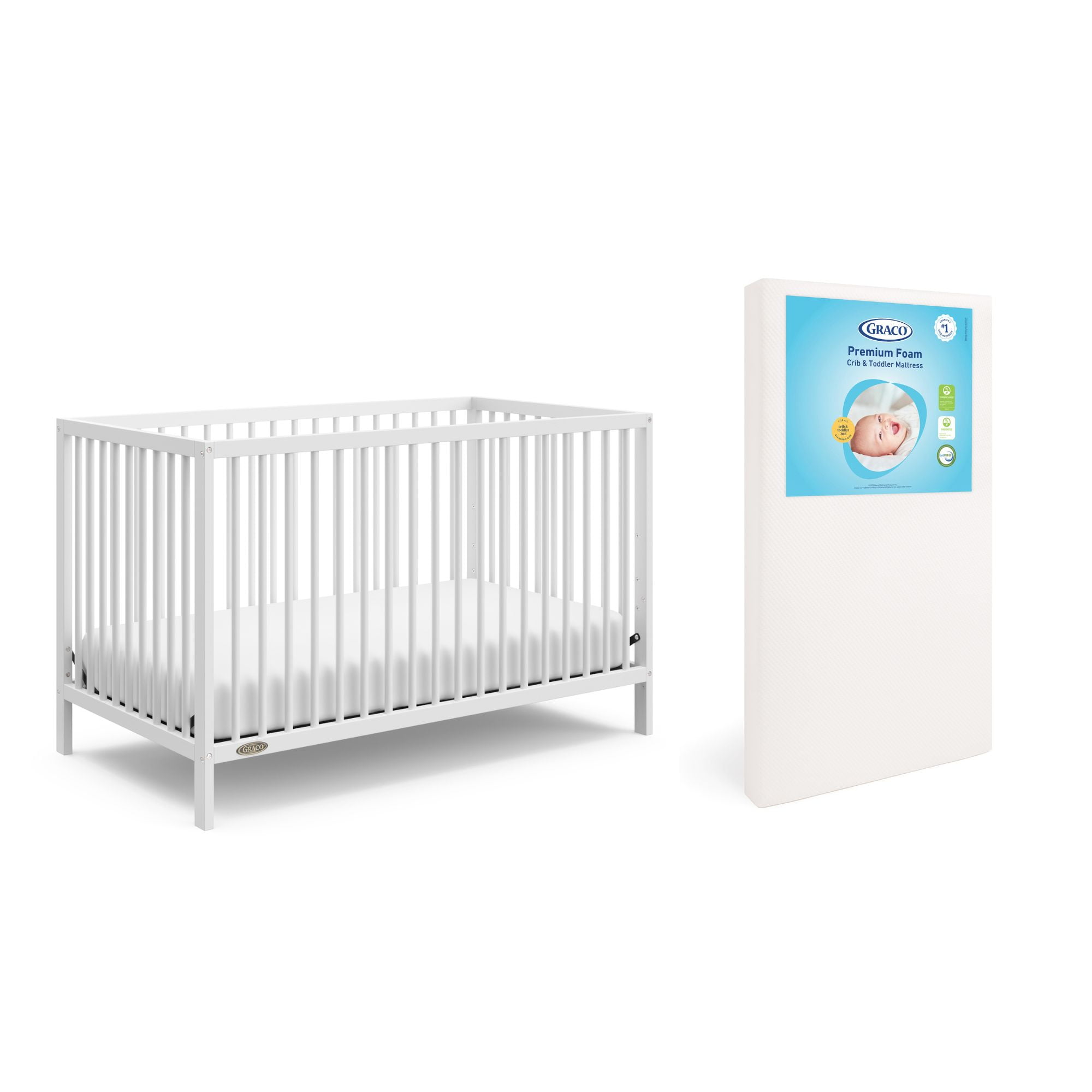 Graco Teddi 5-in-1 Convertible Crib and Premium Crib & Toddler Mattress Bundle, White