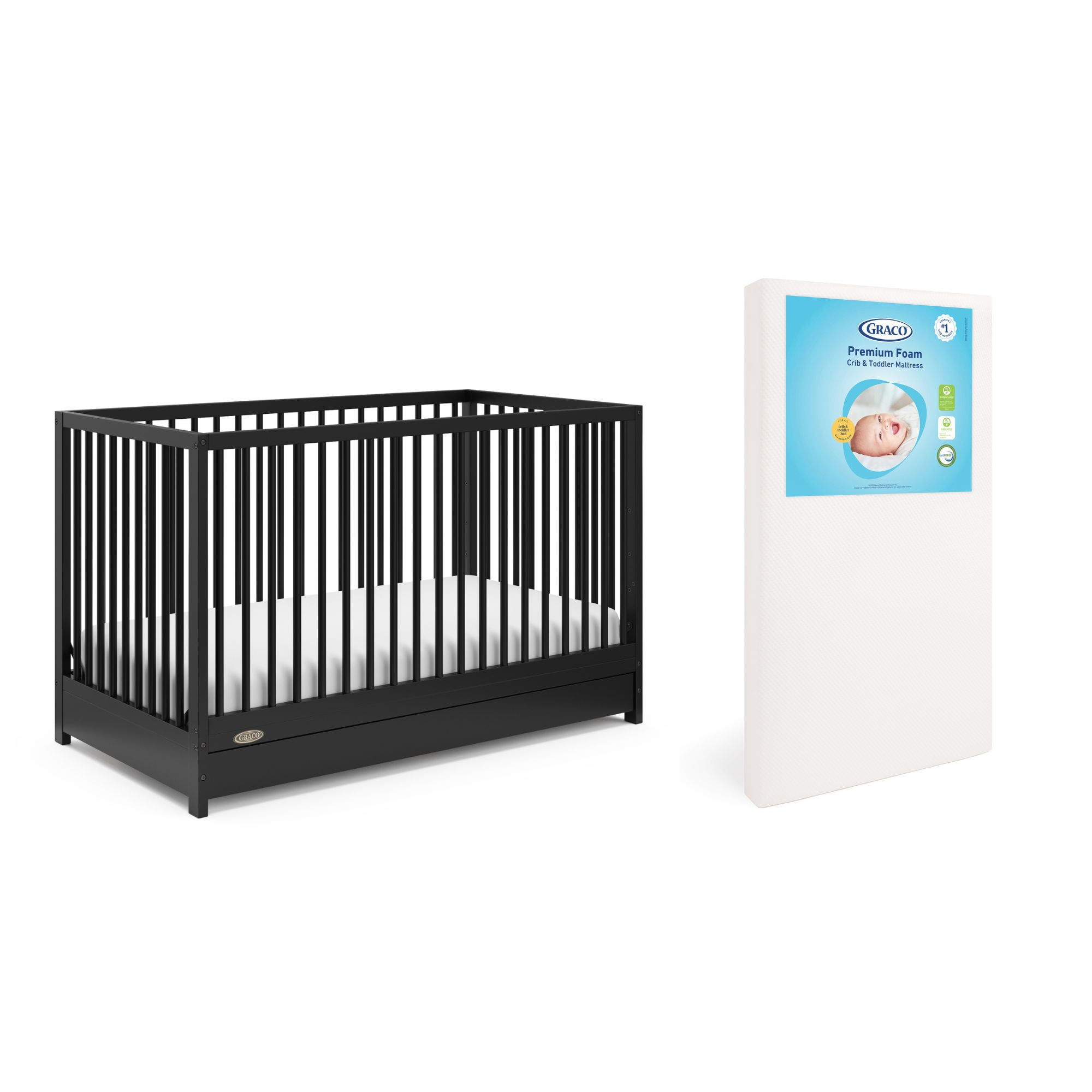 Graco Teddi 5-in-1 Convertible Crib with Drawer and Premium Crib & Toddler Mattress Bundle, Black