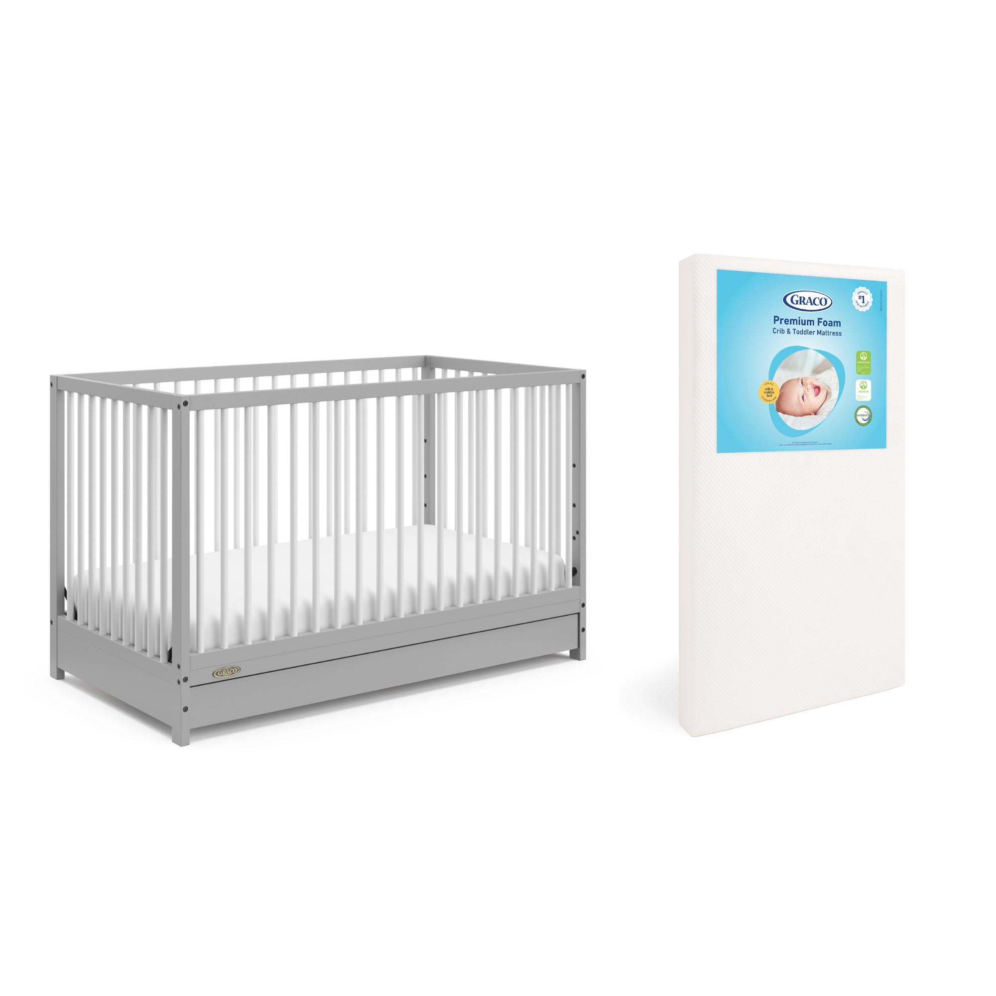Graco Teddi 5-in-1 Convertible Crib with Drawer and Premium Crib & Toddler Mattress Bundle, Pebble Gray with White