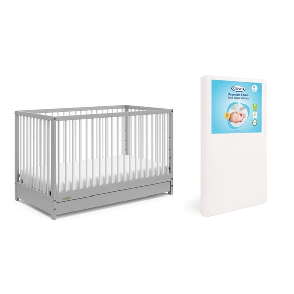 Graco Teddi 5-in-1 Convertible Crib with Drawer and Premium Crib & Toddler Mattress Bundle, Pebble Gray with White