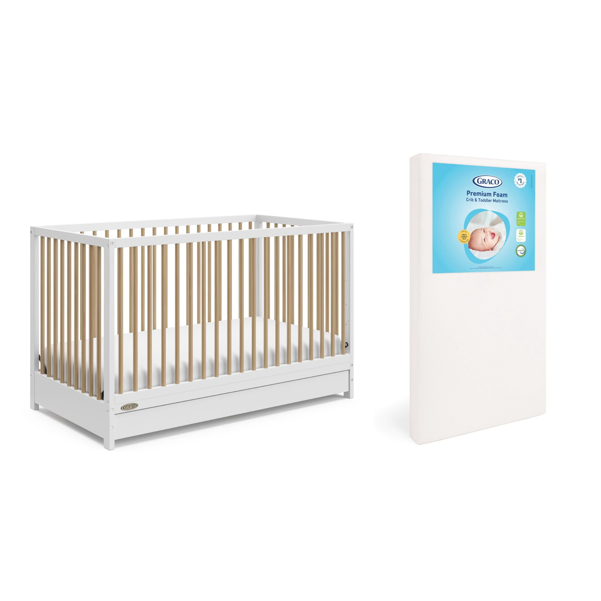 Graco Teddi 5-in-1 Convertible Crib with Drawer and Premium Crib & Toddler Mattress Bundle, White with Driftwood