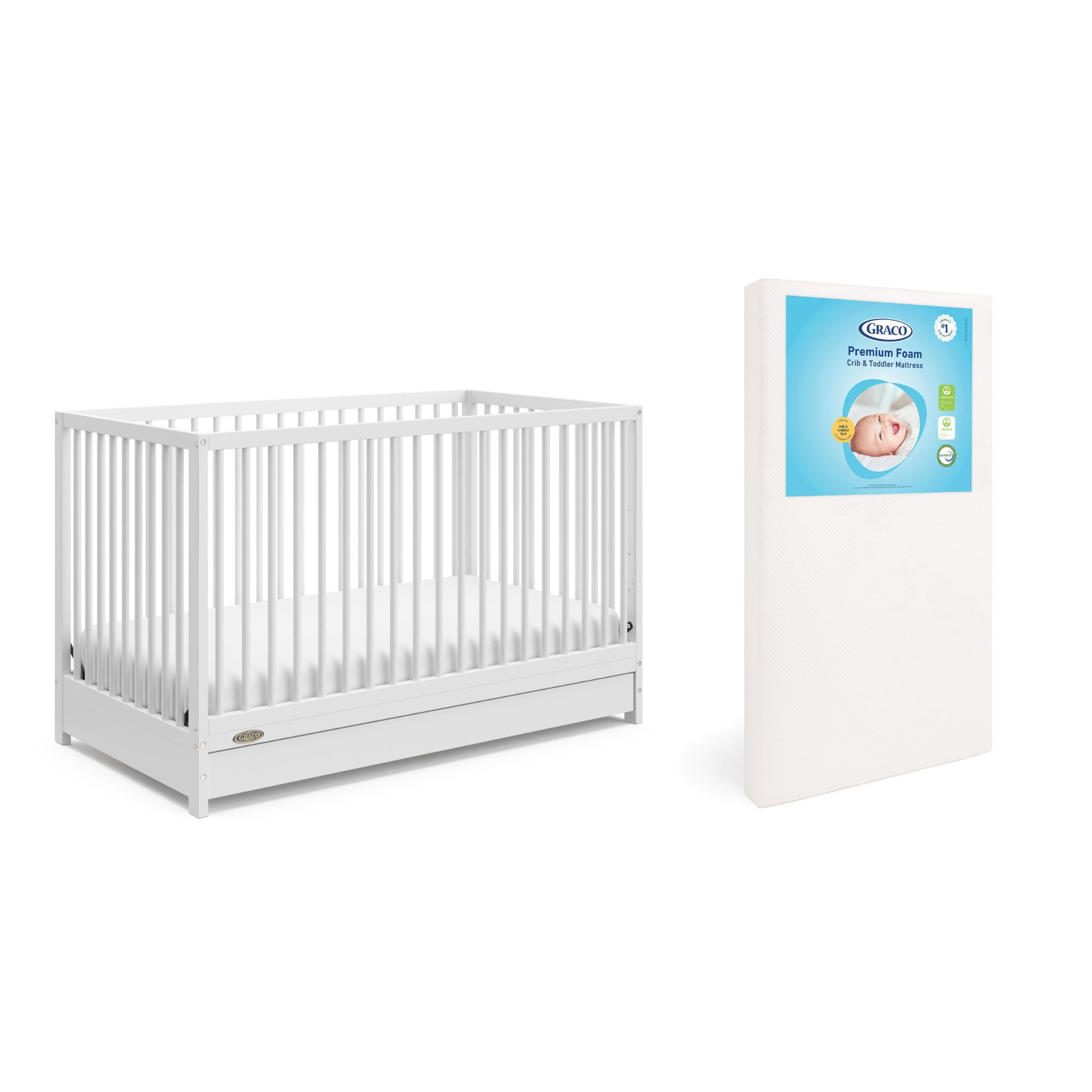 Graco Teddi 5-in-1 Convertible Crib with Drawer and Premium Crib & Toddler Mattress Bundle, White
