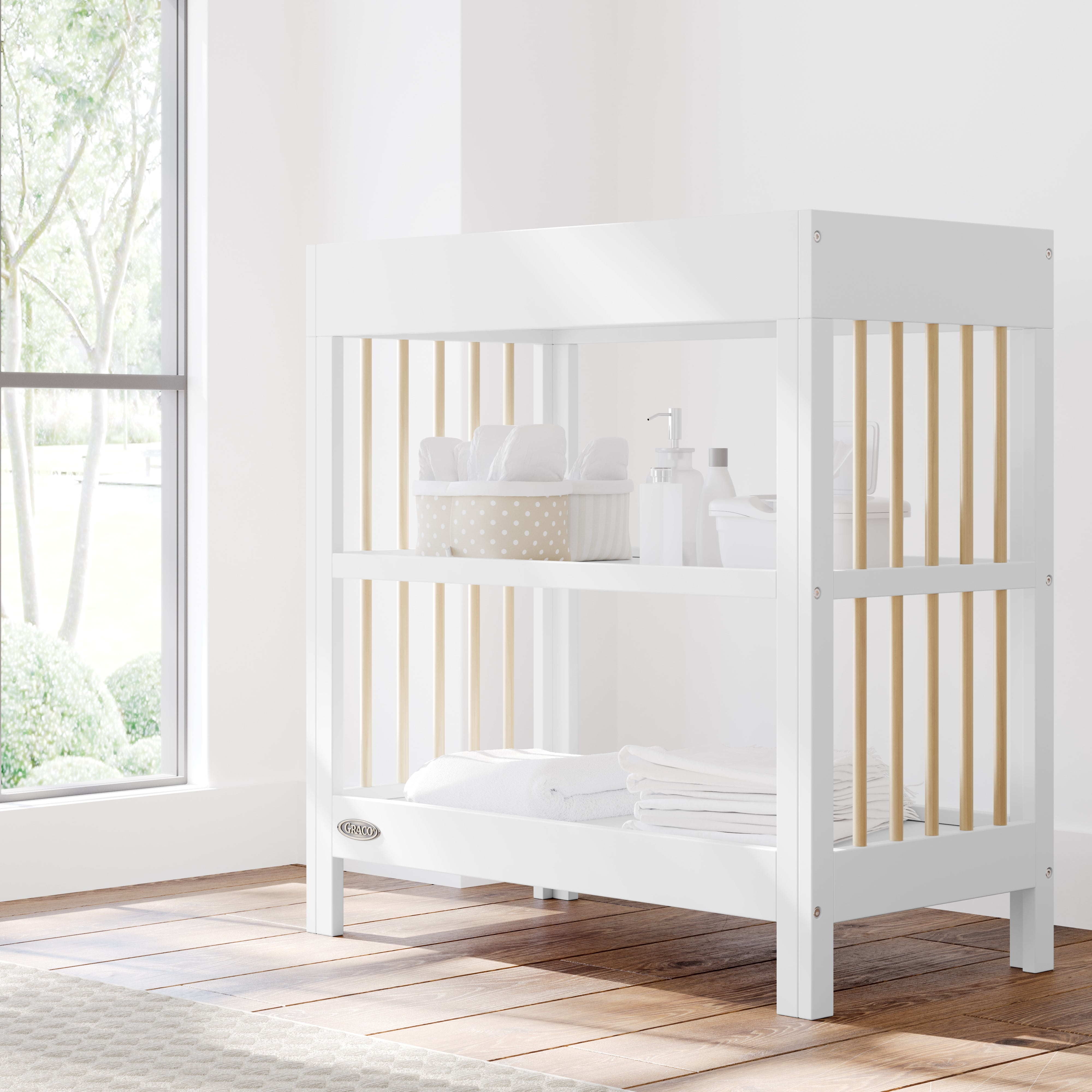 Graco Teddi Infant Wood Changing Table with Changing Pad, White with Driftwood
