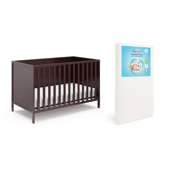 Graco Theo 3-in-1 Convertible Crib and Premium Crib & Toddler Mattress Bundle, Espresso