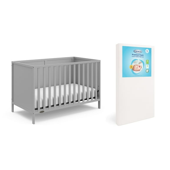 Graco Theo 3-in-1 Convertible Crib and Premium Crib & Toddler Mattress Bundle, Pebble Gray