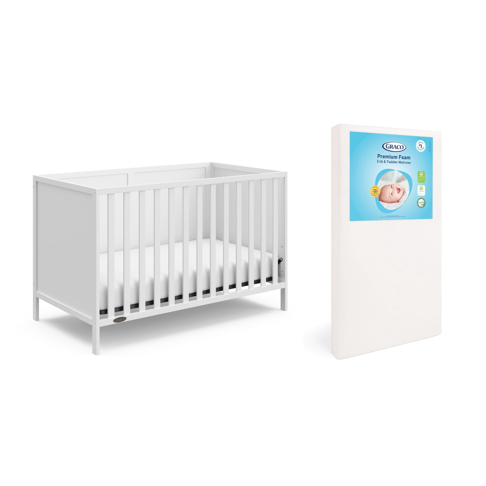 Graco Theo 3-in-1 Convertible Crib and Premium Crib & Toddler Mattress Bundle, White