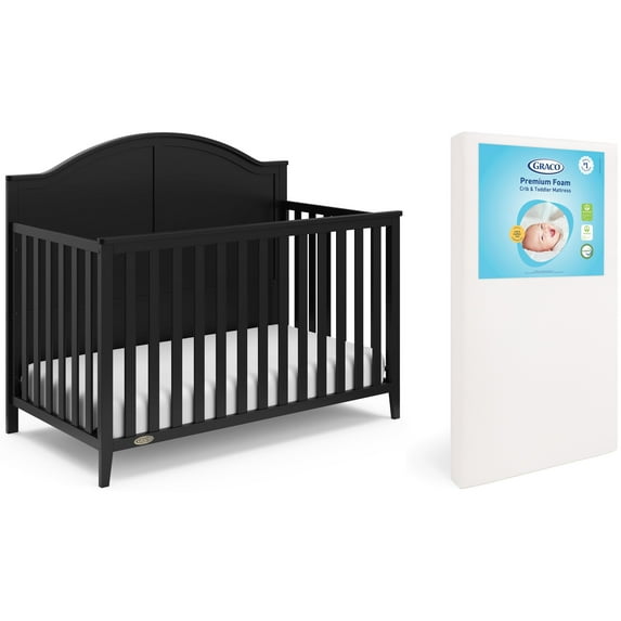 Graco Wilfred 5-in-1 Convertible Crib and Premium Crib & Toddler Mattress Bundle, Black