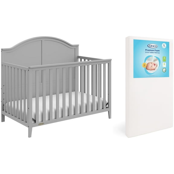 Graco Wilfred 5-in-1 Convertible Crib and Premium Crib & Toddler Mattress Bundle, Pebble Gray