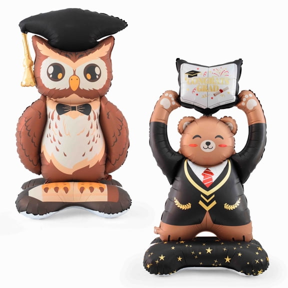 2Pcs Large Standing Graduation Balloons, Owl & Bear Congrats Grad Foil Balloon Set, Graduation Party Decorations for Class of 2026