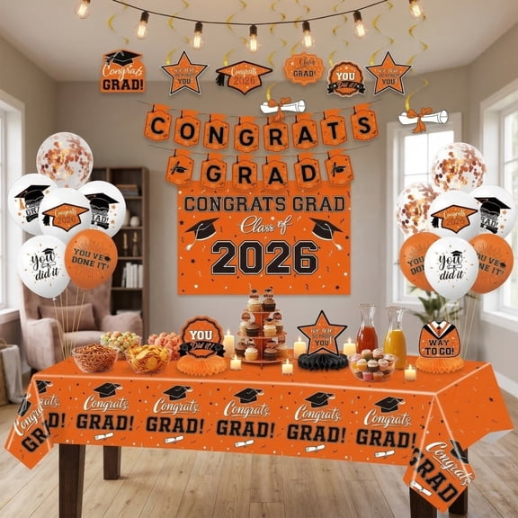 Grad Cap Decorations, Party Table Decorations, Graduation Party, Graduation Banner, Black Party Decor, Honeycomb Stands, Confetti Balloons, Grad Cap Cutouts, Orange Black Set