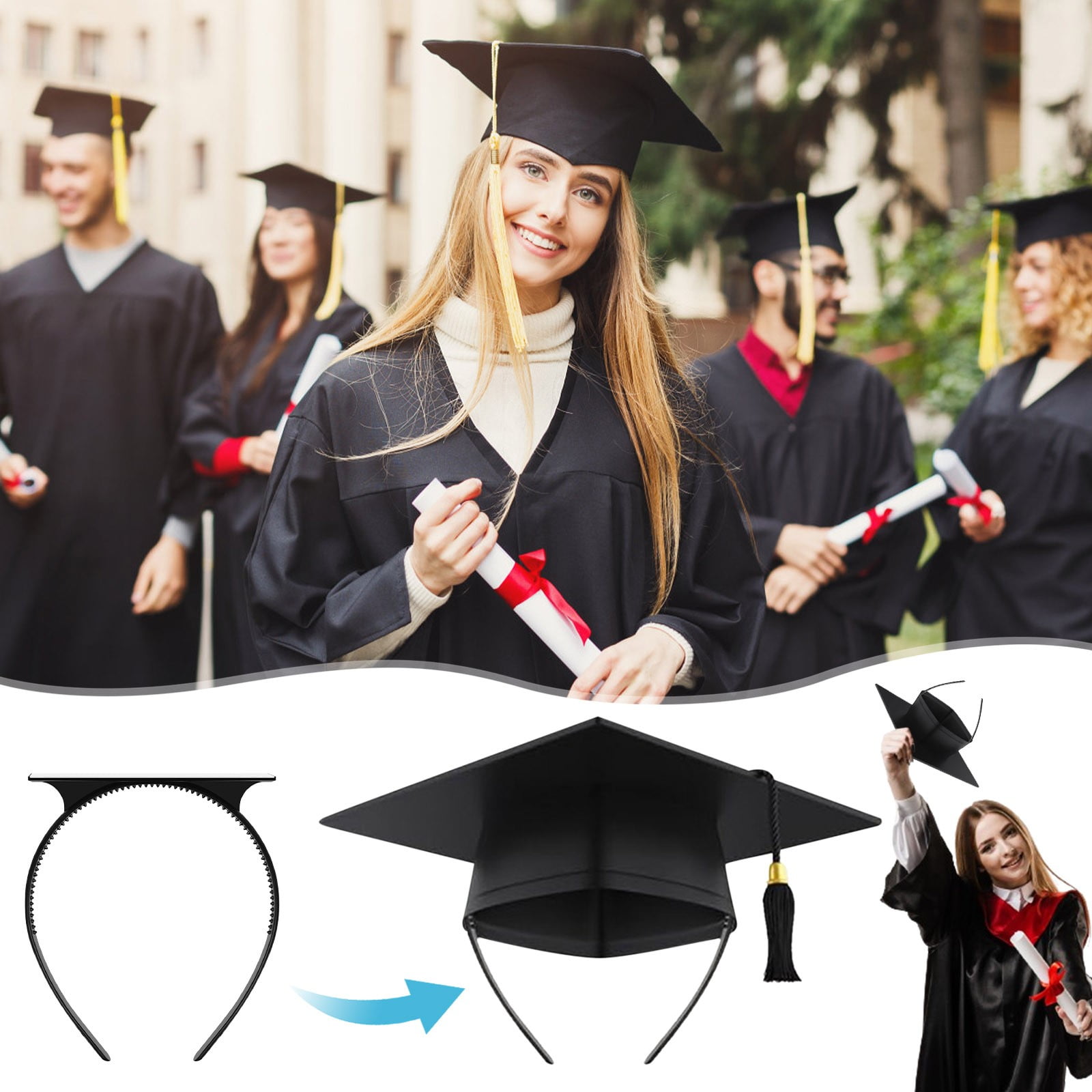 Grad Cap Headband, Secures Graduation Cap Headband Insert, Adjustable Inside Graduation Cap Don't Change Hair, Secure Hairstyle Unisex Black