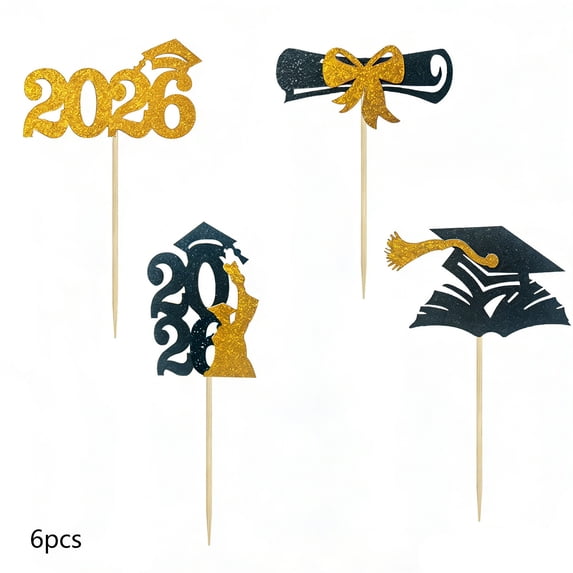 Grad Cupcake Toppers, 6 Styles Glittery Graduation Cap and Diploma Cake Decor, for Sandwiches, Cheese, Dessert, Party Supplies, 24pcs, Gold