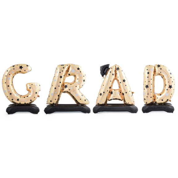 Grad Letter Balloons with Mortarboard, Standing 55in Foil Graduation Balloon Gold Large Congrats Congratulations Decorations for Graduations Celebration Party Supplies