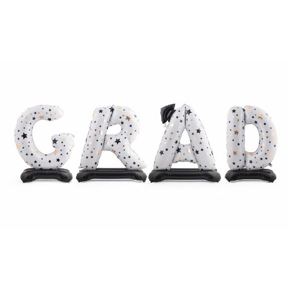 Grad Letter Balloons with Mortarboard, Standing 55in Foil Graduation Balloon White Large Congrats Congratulations Decorations for Graduations Celebration Party Supplies