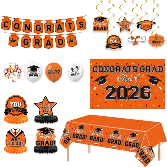 Grad Party Decorations 2026, Class of 2026 Decorations, 2026 Graduation Party Supplies, Honeycomb Decorations, Hanging Swirls, Star Party Decor, Congrats Grad, Black Table Cover