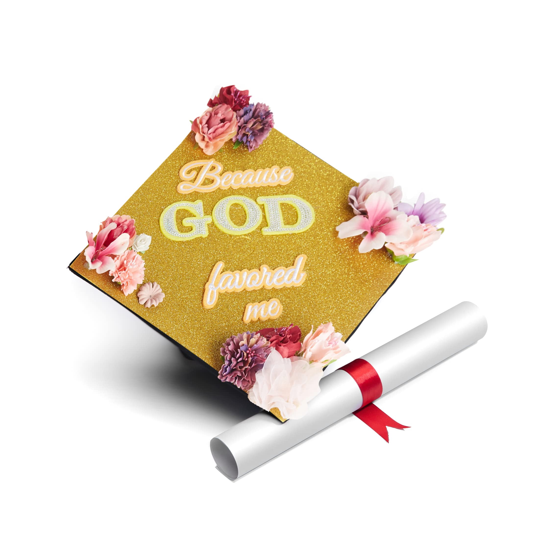 GradWYSE Handmade Graduation Cap Topper Graduation Gifts Graduation Cap Decorations, Because God Favored Me (Gold)