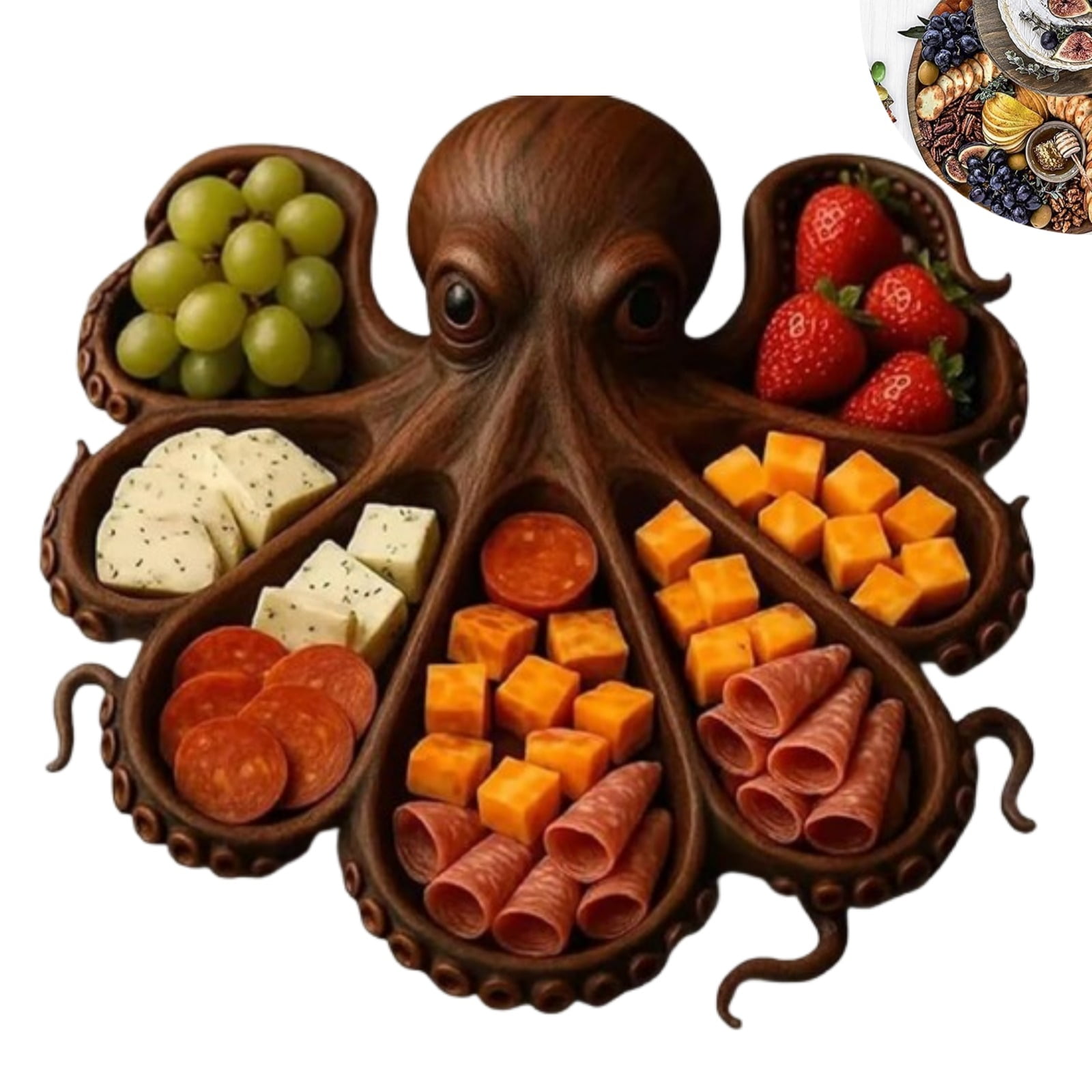 Octopus Charcuterie Board - 12 Inch Wooden Serving Platter For Cheese & Meat