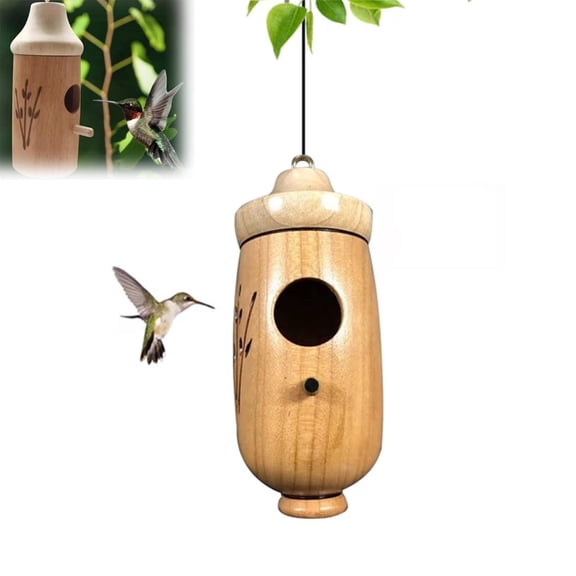 Graddi Wooden Hummingbird House – Natural Pine Wood Nesting Box For Outside Hanging, Small Bird House For Nature Lovers, Garden Decor With Perch & Rope (A, 1PC)