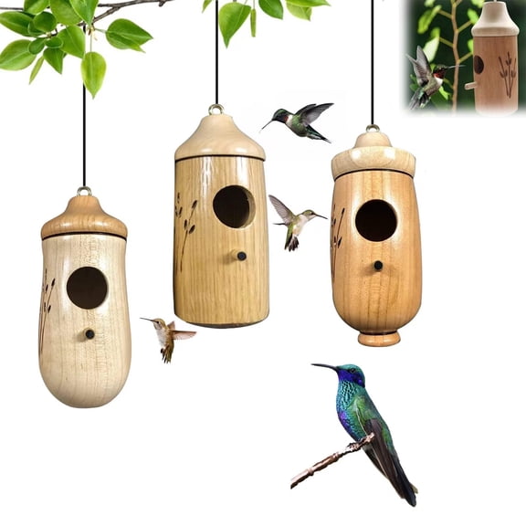 Graddi Wooden Hummingbird House – Natural Pine Wood Nesting Box For Outside Hanging, Small Bird House For Nature Lovers, Garden Decor With Perch & Rope (A+B+C, 3PC)