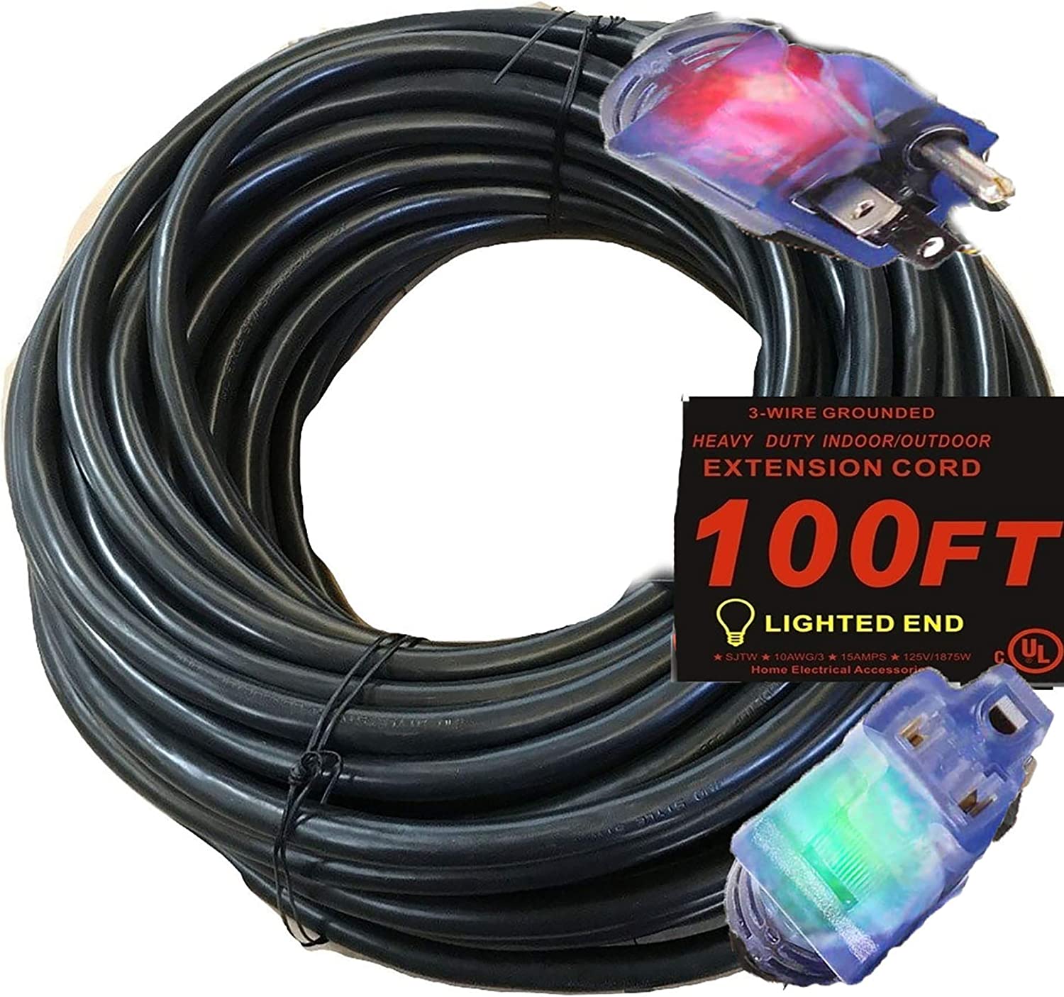 Grade 100 Ft 10 Gauge Power Extension Cord 10/3 Plug , Black 10 Gauge