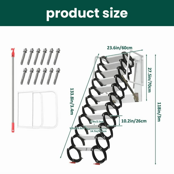 Grade 12 Titanium Magnesium Alloy 12-Step Foldable Anti-Slip 10FT Wall Mounted Ladder for Loft Industrial Plant Home Storage Room
