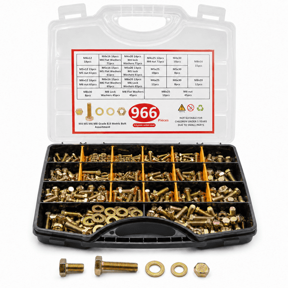 Grade 8.8 Metric Bolt Assortment M4 M5 M6 M8 Heavy Duty Bolts and Nuts Kit Yellow Zinc Plated 966 Pcs