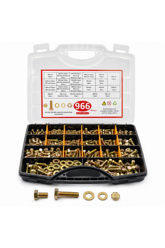 Grade 8.8 Metric Bolt Assortment M4 M5 M6 M8 Heavy Duty Bolts and Nuts Kit Yellow Zinc Plated 966 Pcs