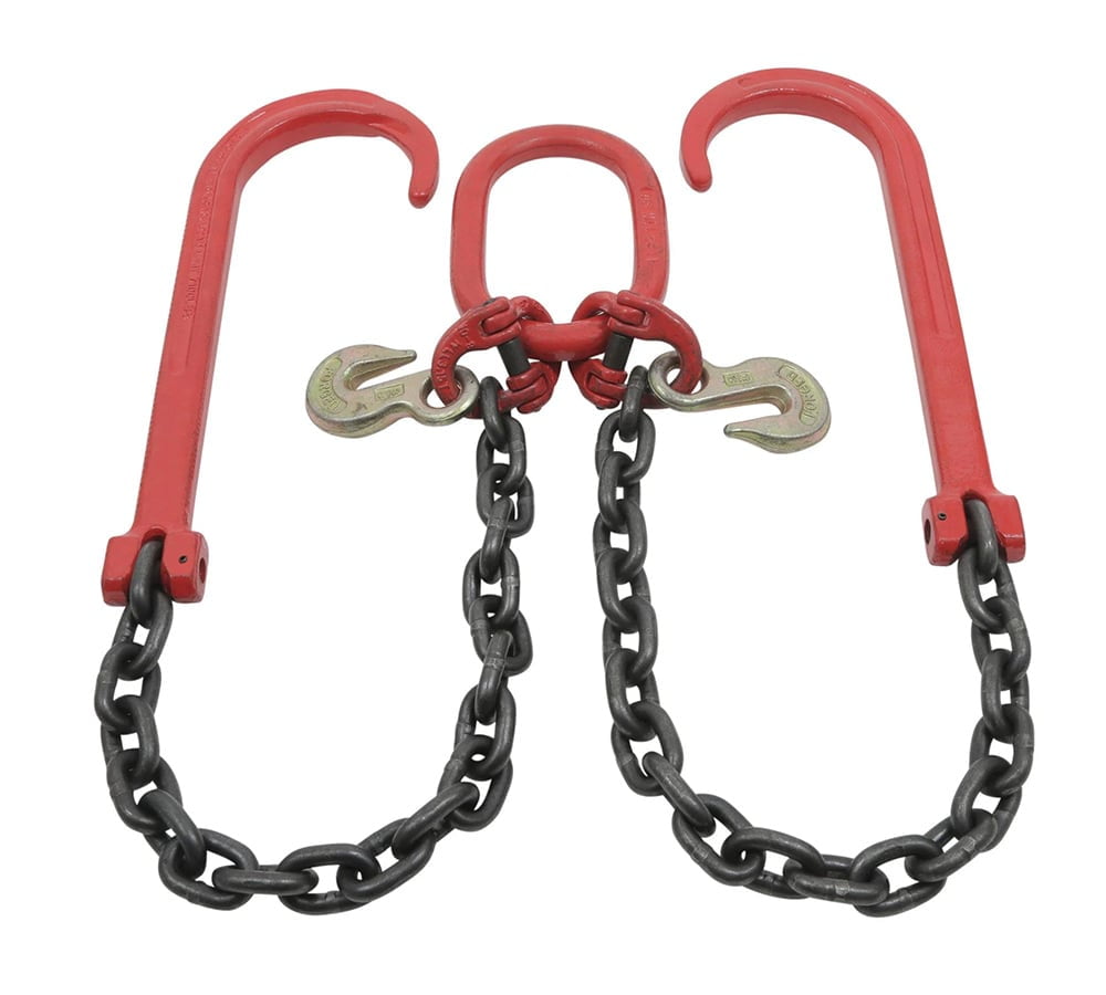3/8" x 2' Leg G80 V Bridle Tow Chain w/Two 15" J-Hook & Eye Cradle Grab Hook - 7100 LBS WLL Long Shank J Hook Transport Tow Truck Chain for Car Towing Wrecker Recovery