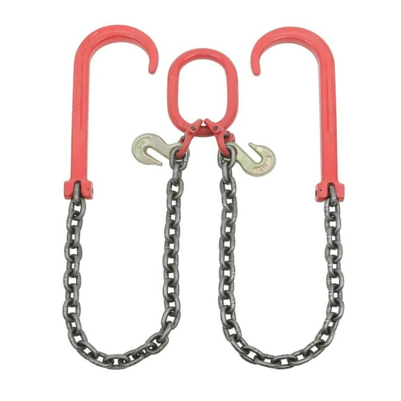 Grade 80 V Bridle Chain, Tow Recovery G80 3/8" x 3' Chain 7100# Lbs, Two 15" J-Hook & Eye Cradle Grab Hook