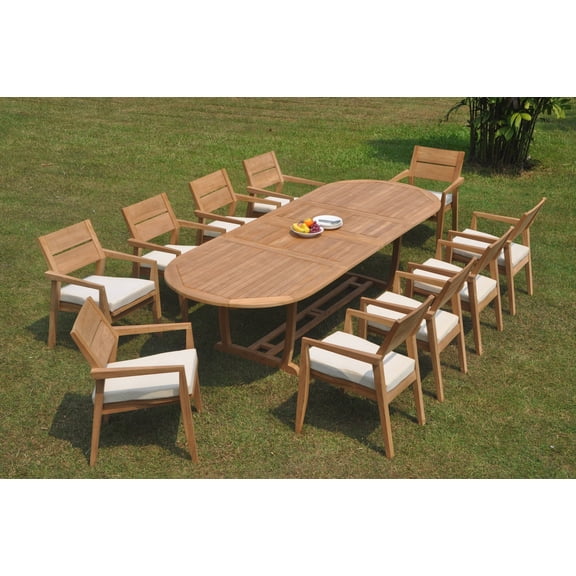 Grade-A Teak Dining Set: 10 Seater 11 Pc: 118" Double Extension Mas Oval Trestle Leg Table And 10 Vellore Stacking Arm Chairs WholesaleTeak #WMDSWVm