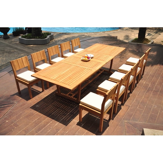 Grade-A Teak Dining Set: 10 Seater 11 Pc: 118" Double Extension Mas Rectangle Trestle Leg Table And 10 Veranda Armless Chairs WholesaleTeak #WMVR90
