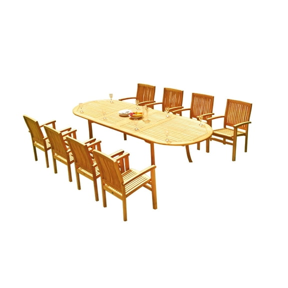 Grade-A Teak Dining Set: 10 Seater 11 Pc: 118" Oval Table And 10 Wave Stacking Arm Chairs Outdoor Patio WholesaleTeak #51WV2611