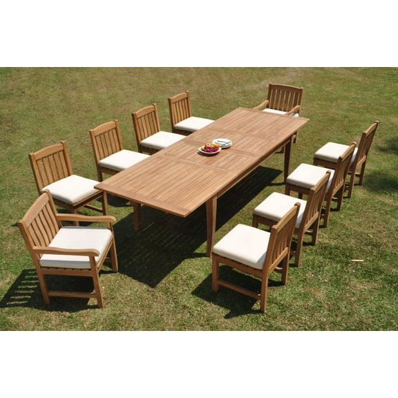 Grade-A Teak Dining Set: 10 Seater 11 Pc: 122" Atnas Double Extension Rectangle Table And 10 Devon Chairs (2 Arm & 8 Armless Chairs) WholesaleTeak #WMDV66