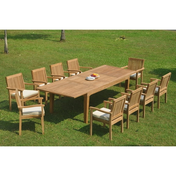 Grade-A Teak Dining Set: 10 Seater 11 Pc: 122" Caranas Double Extension Rectangle Table And 10 Leveb Stacking Arm Chairs WholesaleTeak #WMDSWVm