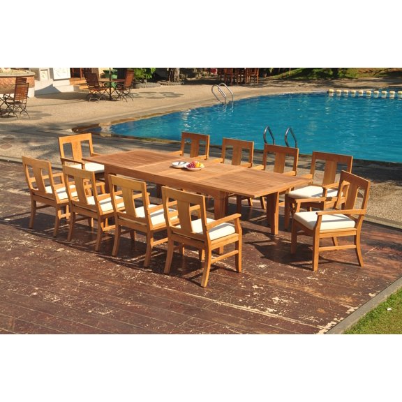 Grade-A Teak Dining Set: 10 Seater 11 Pc: 122" Caranas Double Extension Rectangle Table And 10 Osborne Arm Chairs Outdoor WholesaleTeak #WMDSWVm