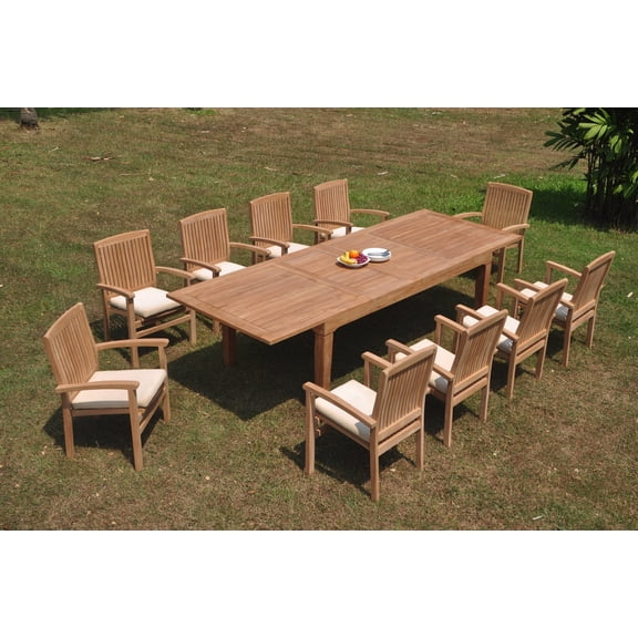 Grade-A Teak Dining Set: 10 Seater 11 Pc: 122" Caranas Double Extension Rectangle Table And 10 Wave Stacking Arm Chairs Patio WholesaleTeak #WMDSWVm