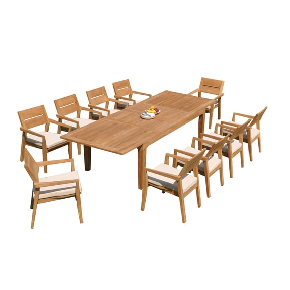 Grade-A Teak Dining Set: 10 Seater 11 Pc: 122" Caranas Rectangle Table And 10 Vellore Stacking Arm Chairs Outdoor Patio WholesaleTeak #51VL2911