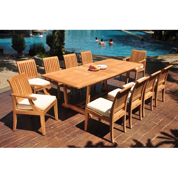 Grade-A Teak Dining Set: 10 Seater 11 Pc: 94" Double Extension Mas Rectangle Trestle Leg Table And 10 Lagos Chairs (2 Arm & 8 Armless Chairs) WholesaleTeak #WMLG36