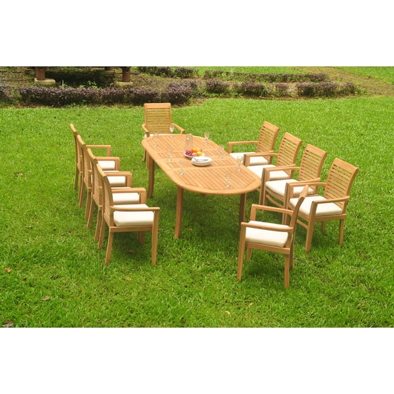 Grade-A Teak Dining Set: 10 Seater 11 Pc: 94" Double Extension Oval Table And 10 Mas Stacking Arm Chairs Outdoor Patio WholesaleTeak #WMDSMS24