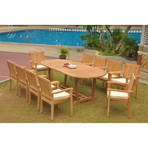 Grade-A Teak Dining Set: 10 Seater 11 Pc: 94" Mas Oval Trestle Leg Table And 10 Leveb Stacking Arm Chairs Outdoor Patio WholesaleTeak #WMDSWVm
