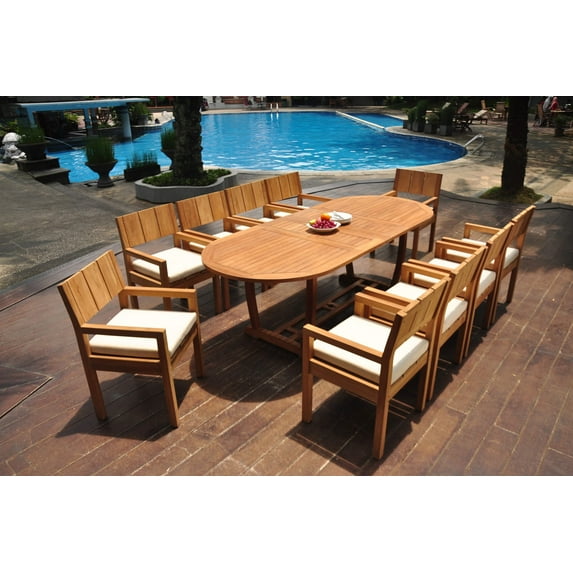 Grade-A Teak Dining Set: 10 Seater 11 Pc: 94" Mas Oval Trestle Leg Table And 10 Veranda Arm Chairs Outdoor Patio WholesaleTeak #WMVR75