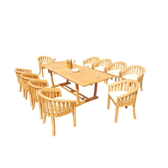 Grade-A Teak Dining Set: 10 Seater 11 Pc: 94" Mas Rectangle Trestle Leg Table And 10 Lenong Arm Chairs Outdoor Patio WholesaleTeak #51LN2111
