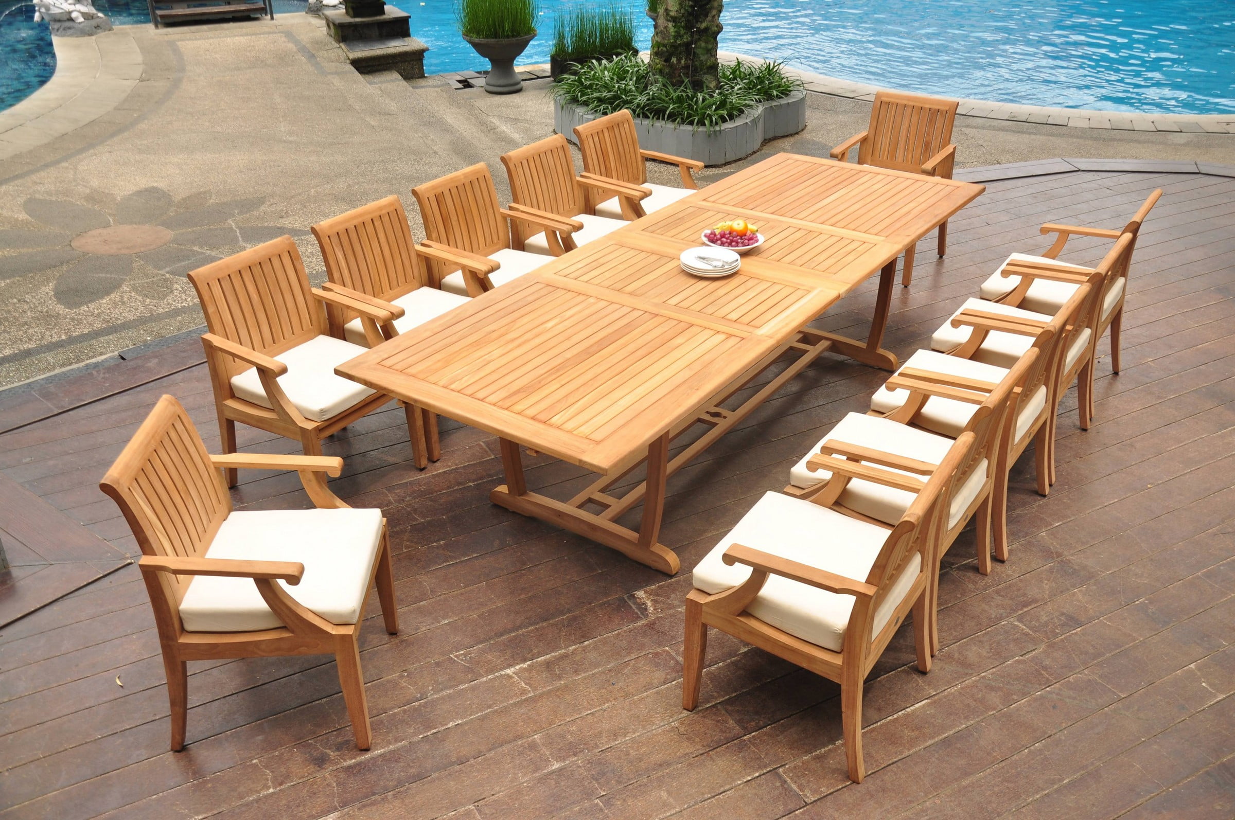 Grade A Teak Dining Set 12 Seater 13 Pc 118 Double Extension Mas Rectangle Trestle Leg Table And 12 Lagos Arm Chairs Patio WholesaleTeak WMLG18