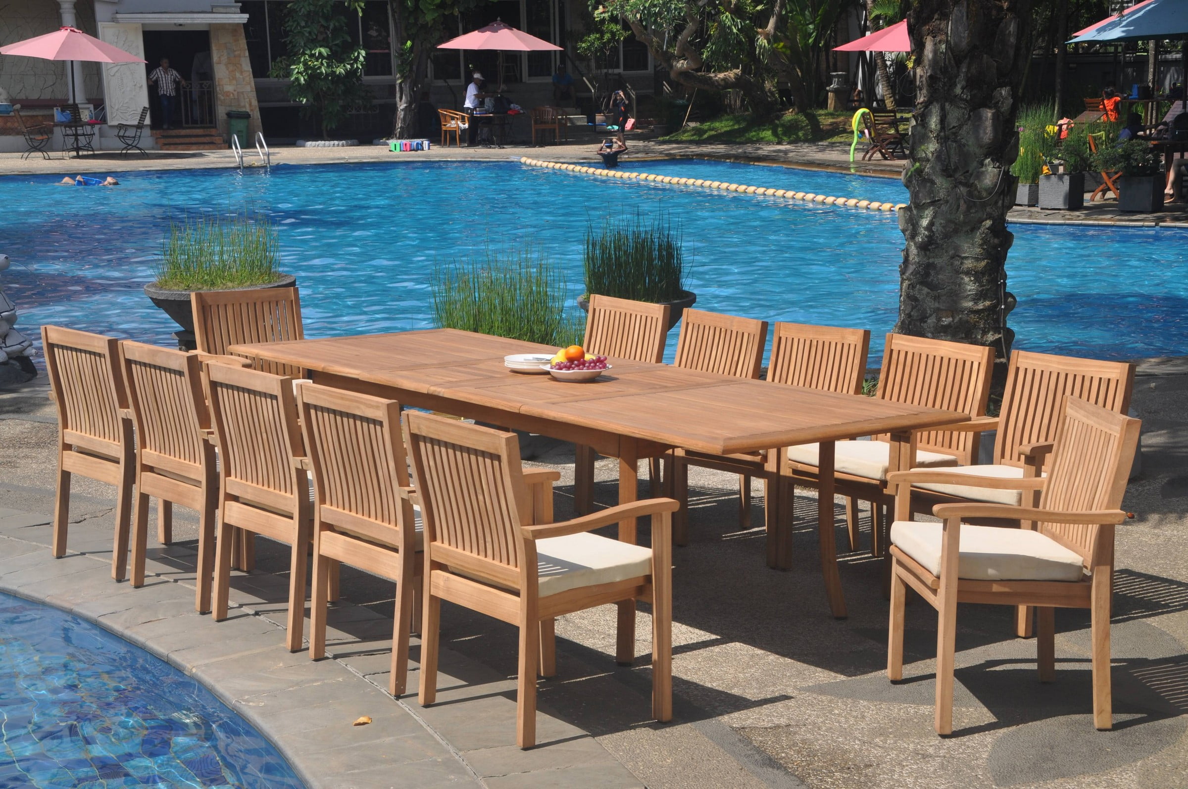 Natural Teak 118" Extendable Outdoor Dining Set with 12 Stackable Chairs