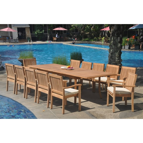 Grade-A Teak Dining Set: 12 Seater 13 Pc: 118" Double Extension Rectangle Table And 12 Leveb Stacking Arm Chairs Outdoor WholesaleTeak #WMDSWVm